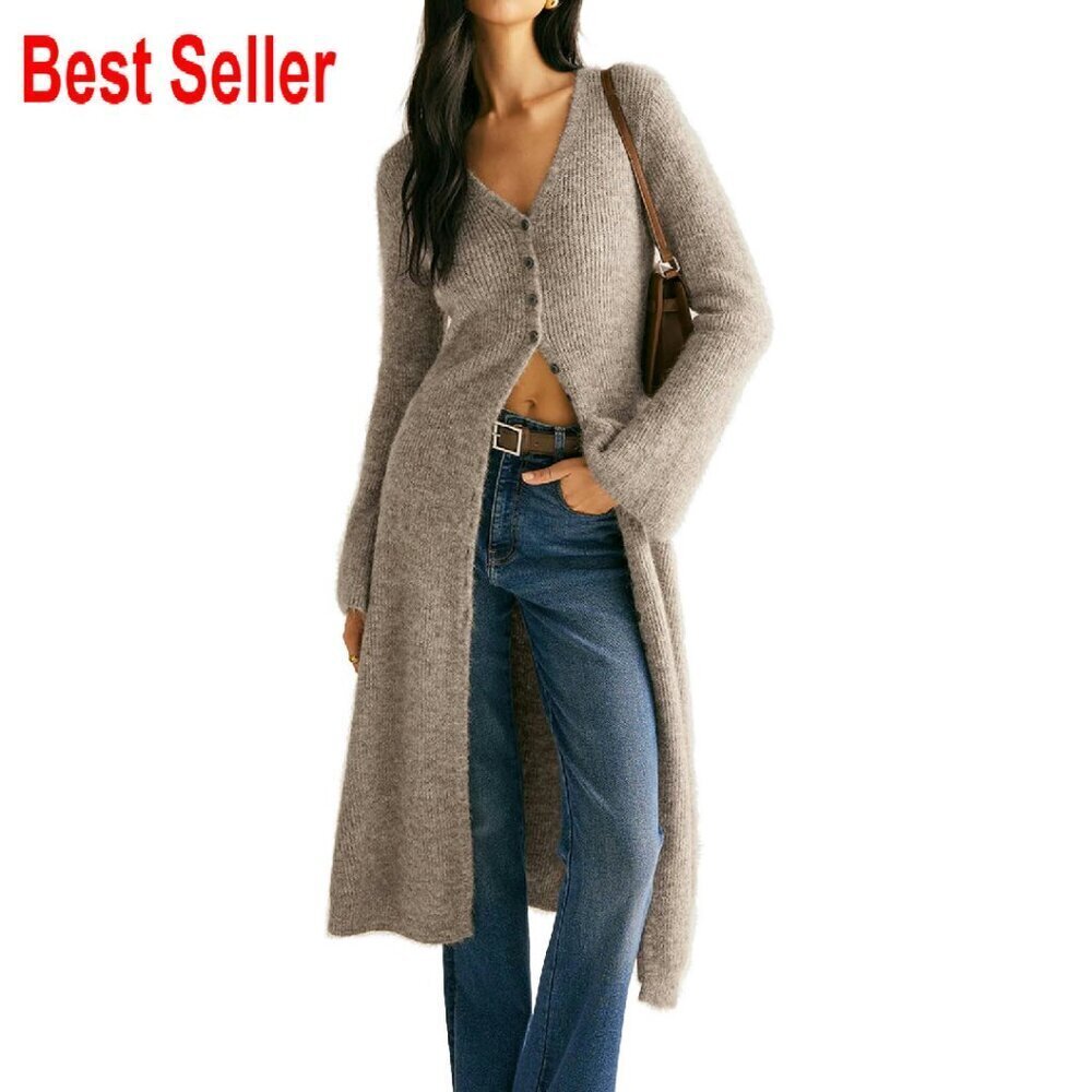 V-Neck Button Maxi Cardigan Bell Sleeve Open Front Split Dress Elegant